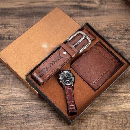 JESOU Hot Sale 3pcs/set Men's Gift Set Beautifully Packaged Watch Brown Leather Belt Wallet Suit Gift